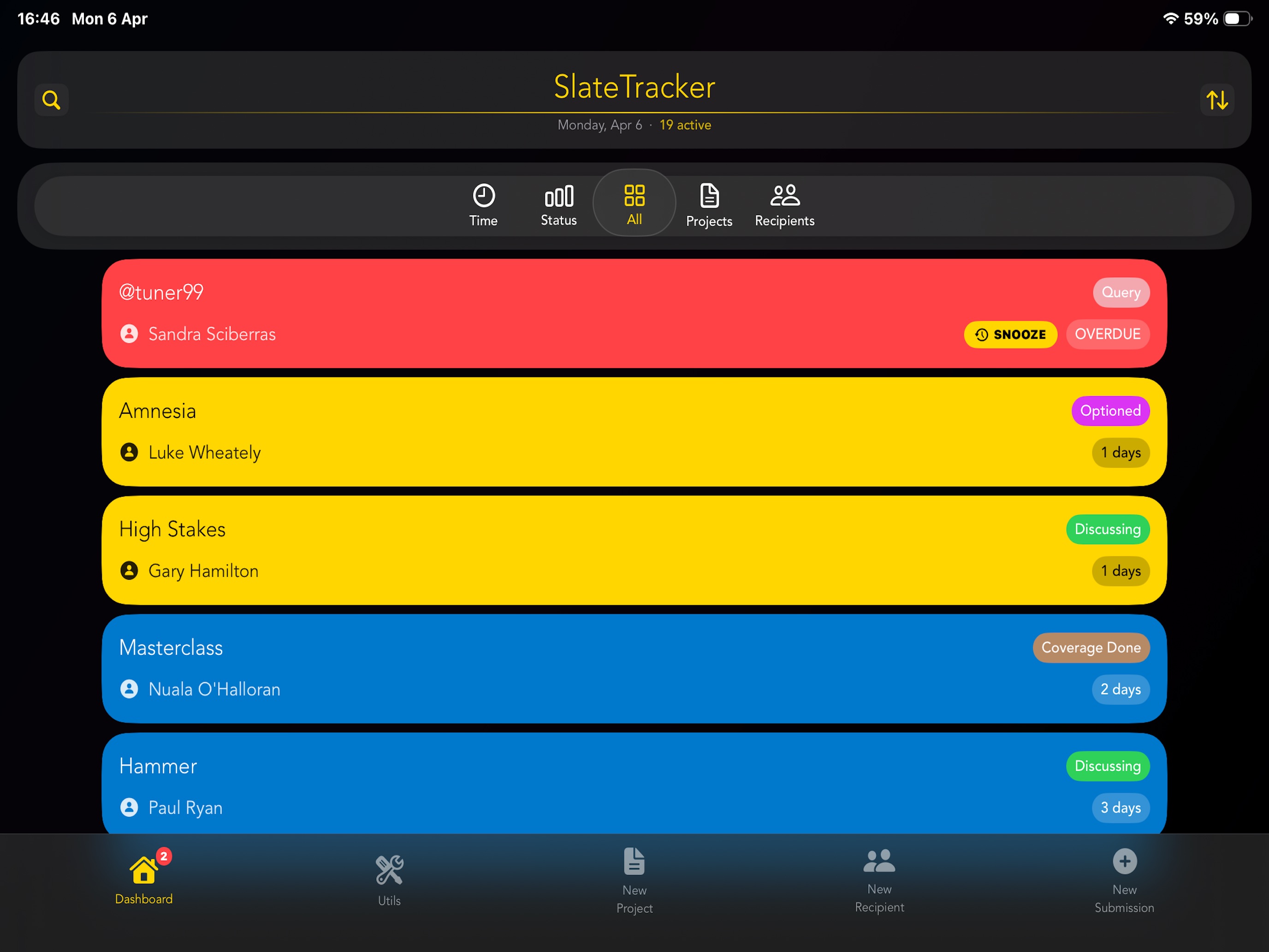 SlateTracker iPad all submissions with color-coded rows