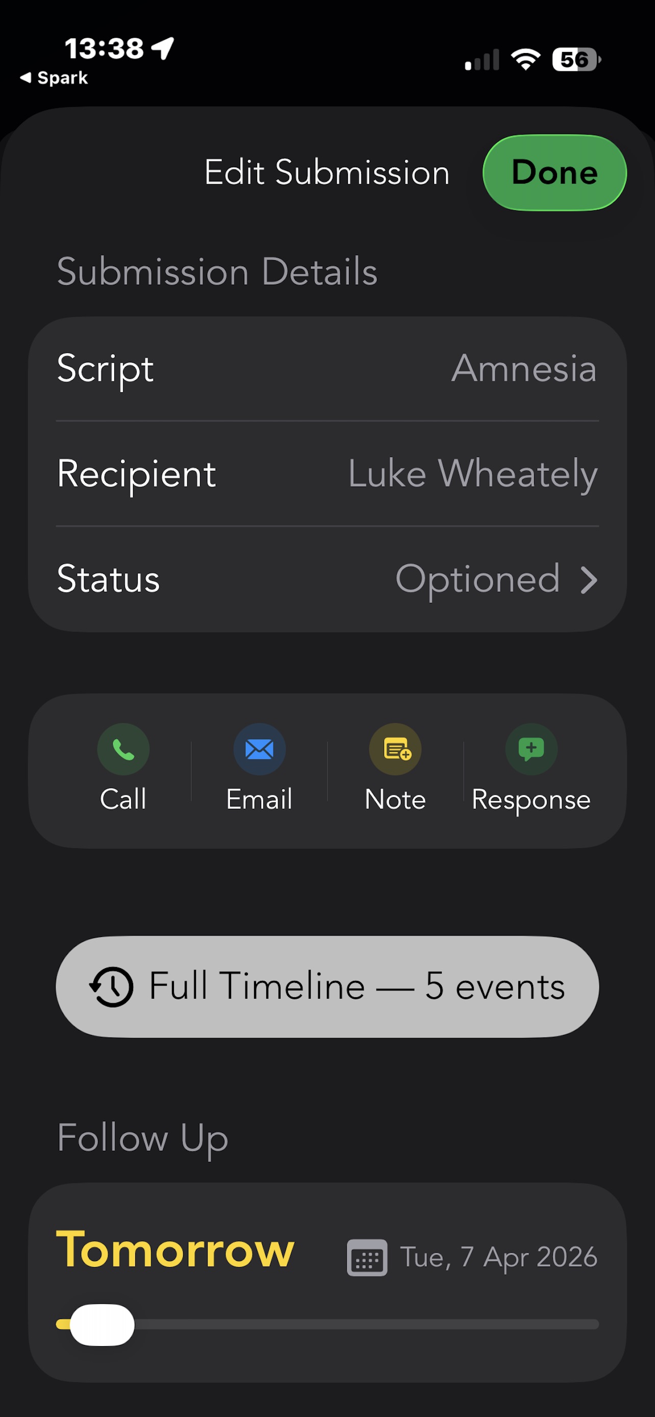 SlateTracker iPhone open submission detail with status and follow-up