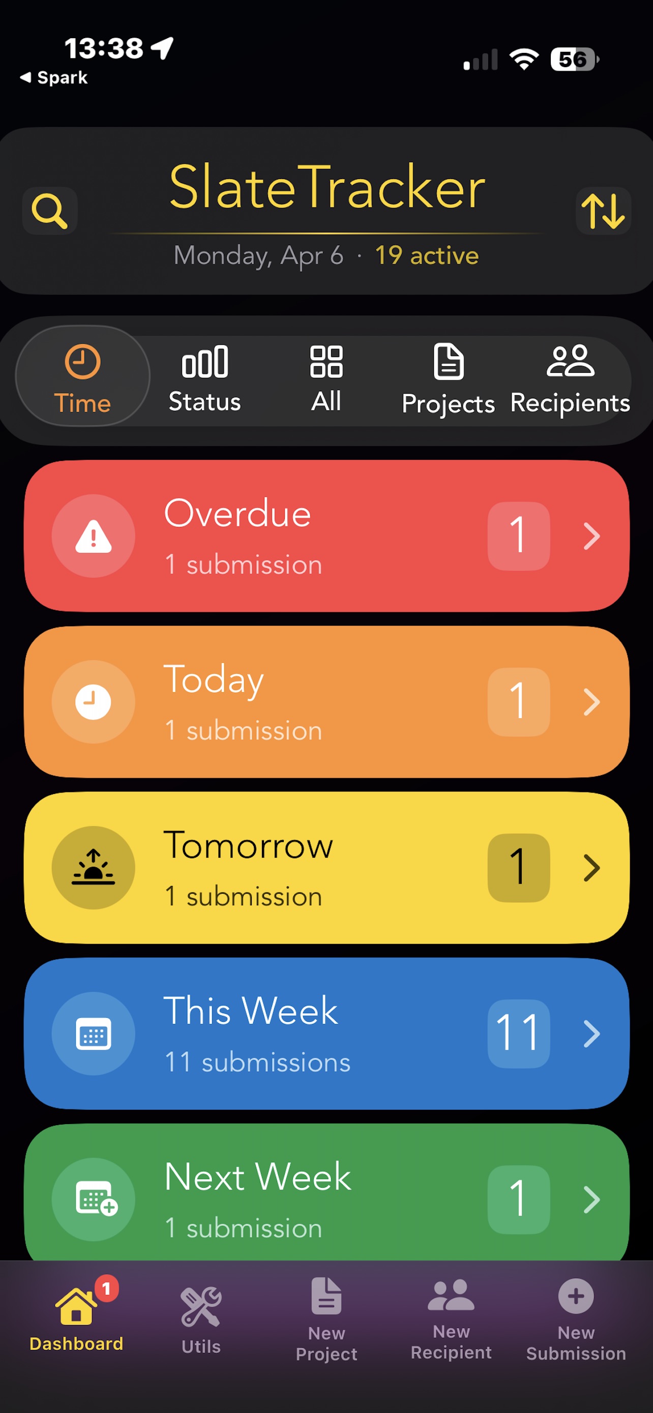 SlateTracker iPhone time view with color-coded submission groups